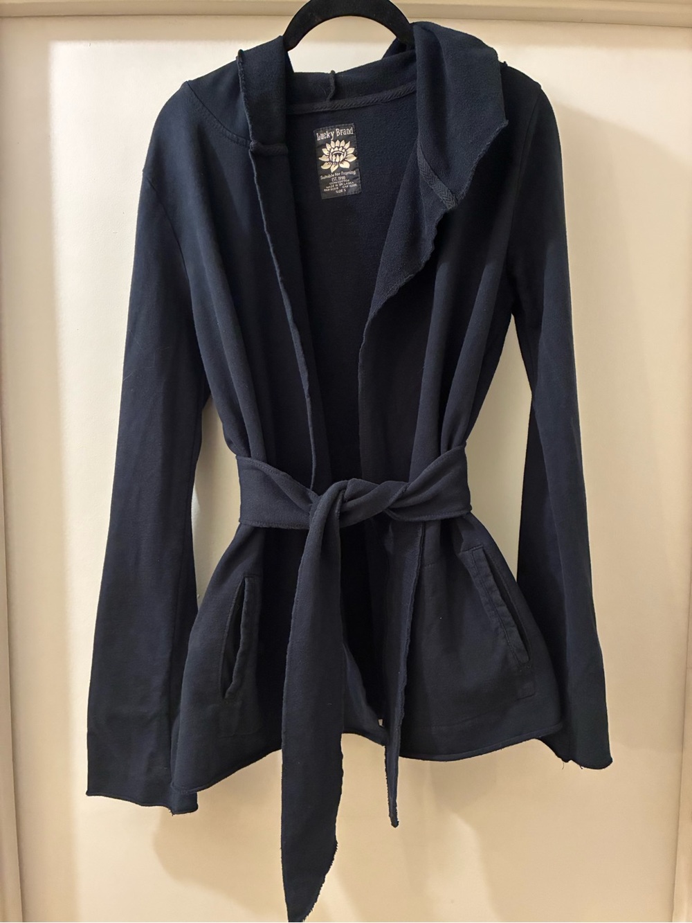 Lucky Brand Black Hooded Tie-Waist Shacket Robe Jacket
